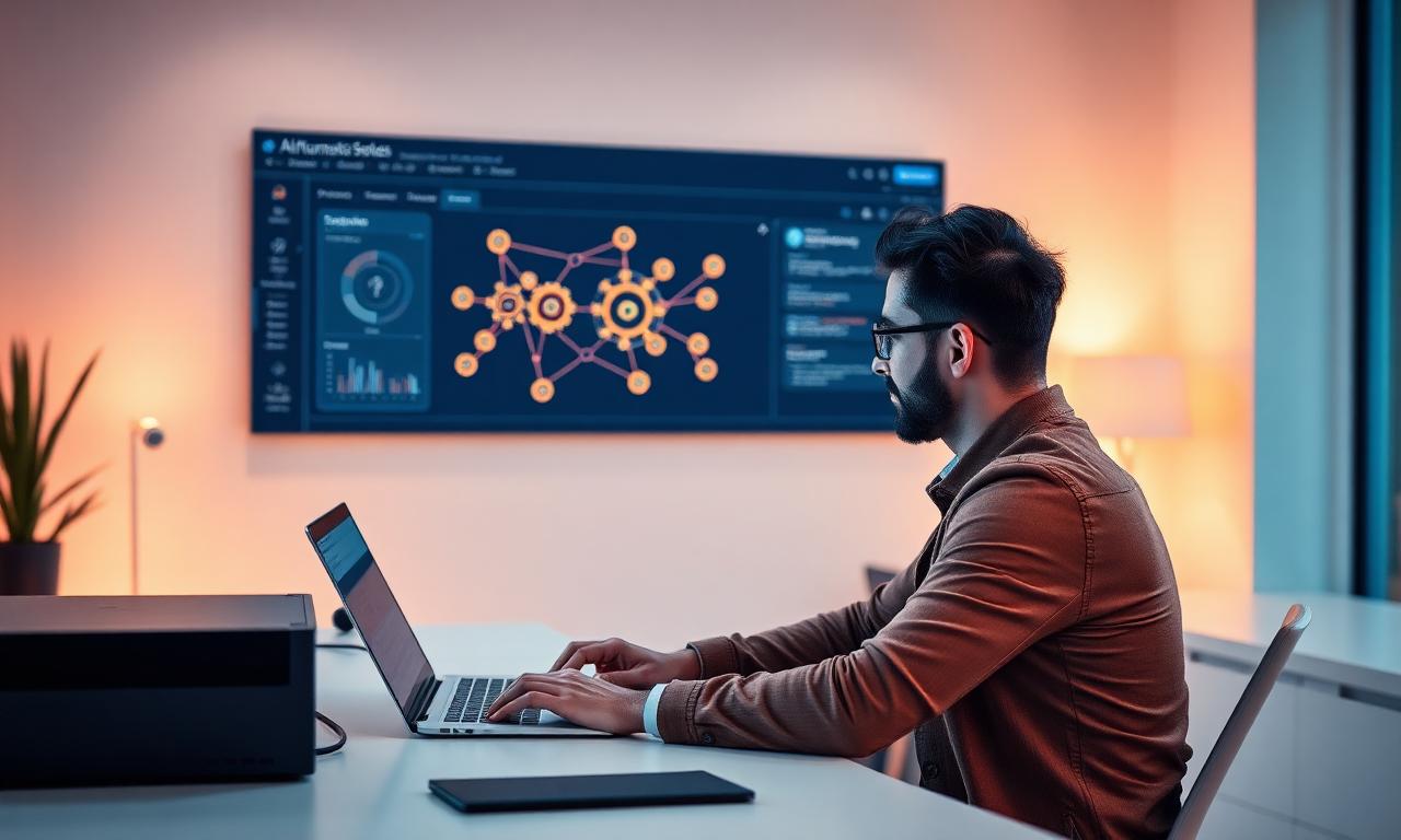 Small business owner reviewing an AI automation dashboard on a laptop