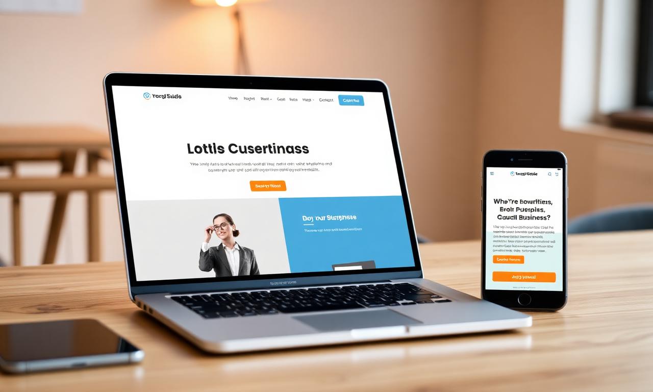 Modern small business website mockup shown on a laptop and phone